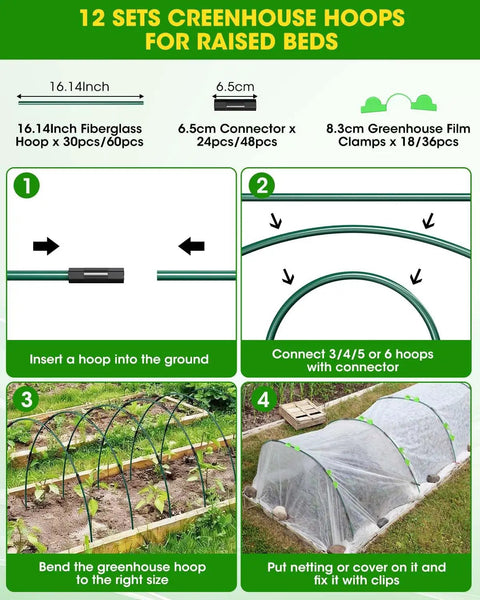 60 Pieces Garden Hoops for Raised Beds and Greenhouses Rust Free Fiberglass Support Hoops for Netting and Shade Cloth DIY Plant Support Easy Install Grow Tunnel Frames Garden Stakes