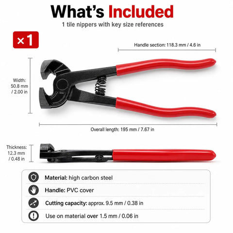 8 Inch Tile Nippers Heavy Duty Glass Mosaic Cutter Pliers With Ergonomic Handle Your Go To Tool For Ceramic Tile Porcelain Mirror Stained Glass And Mosaic Cuts End Nipper Tools For DIY Projects. Side view with size specs and red PVC handles