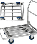 Heavy Duty Foldable Platform Push Cart With Smooth Rolling Rubber Wheels And Slick Stainless Steel Frame, 90 x 60 cm, suitable for warehouse and grocery transport.