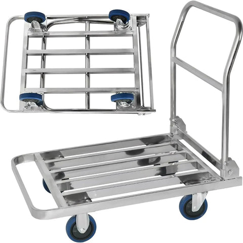 Heavy Duty Foldable Platform Push Cart With Smooth Rolling Rubber Wheels And Slick Stainless Steel Frame, 90 x 60 cm, suitable for warehouse and grocery transport.