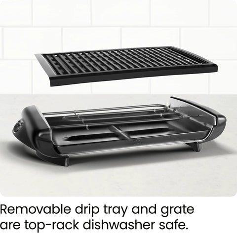Smokeless Indoor Grill With Nonstick Cooking Surface And Adjustable Temperature From Warm To Sear For Realistic At Home BBQ Flavor Easy Cleanup With Dishwasher Safe Water Tray Black with removable parts
