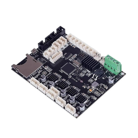 Drop In Replacement Mainboard For CR-10 V2 And V3 With TMC2208, Easy Install 3D Printer Upgrade, No Fuss Control Board Repair Part To Restore Printing Performance, Durable Build For Reliable, Smooth Extrusion And Longevity. Black PCB mainboard with white connectors, heatsinks and terminal block for CR-10 V2/V3 3D printer
