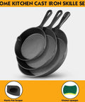 Three-Piece Cast Iron Skillet Set With 6 Inch, 8 Inch, And 10 Inch Pans Includes Cleaning Scraper And Dish Sponge Oven And Stovetop Safe Cookware Black Edition