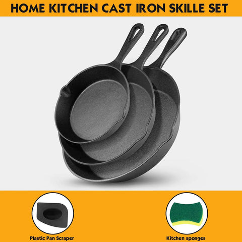Three-Piece Cast Iron Skillet Set With 6 Inch, 8 Inch, And 10 Inch Pans Includes Cleaning Scraper And Dish Sponge Oven And Stovetop Safe Cookware Black Edition