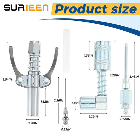 Grease Gun Tips And Couplers Kit With 90 Degree Adapter And 6 Prong Dual Handle Connector, Needle Tip Dispenser, Leak Proof Design, For 1/8 Inch NPT Grease Guns, Flexible Fit For Tight Spaces product size overview with dimensions.