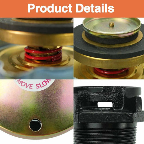 Close-up image of Rugged Ventilated Tank Cap With Iron Base Kit For Diesel Fuel Transfer, 2 Inch NPT Threaded Neck, Gold Workhorse Diesel Tank Cap For Truck Tool Box And Fuel System showing detailed components.