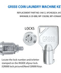 Key Set For Speed Queen Commercial Washers And Dryers, GR777 GR800 GR888 GR100 GR999 Compatible, lock and key close-up.