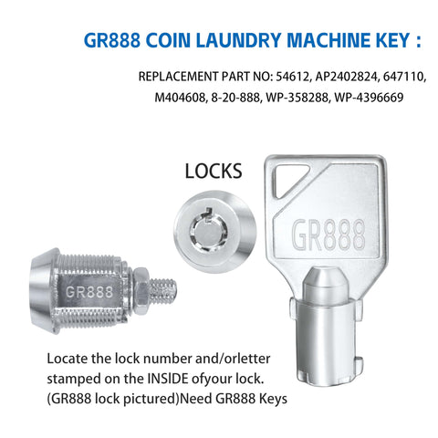Key Set For Speed Queen Commercial Washers And Dryers, GR777 GR800 GR888 GR100 GR999 Compatible, lock and key close-up.