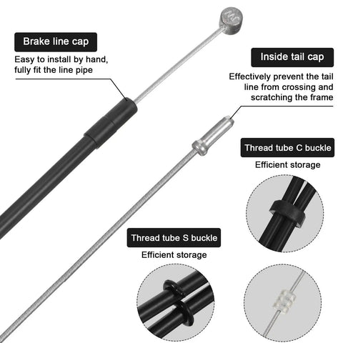 All In One Bike Brake Cable Housing Kit components detail with brake line cap, inside tail cap, C and S buckles, and cable guide