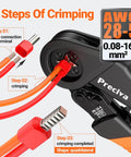 Ferrule Crimping Tool Kit With Portable Case Square Crimp Pliers For AWG 28 To 5 Wires Ratchet Crimper 1300 Ferrule Connectors And Wire Terminals 950 Single And 350 Twin Ferrules Pro Grade Electrician And DIYer Friendly demonstrating crimping steps
