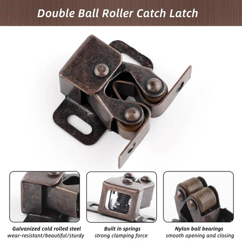Tough As Nails Cabinet Door Latch And Double Roller Catch Hardware With Spear Strike Screws Included For Closet Doors, Kitchen Cupboards, RV Doors And Drawers In Brown Antique Copper Finish Built From Galvanized Steel.