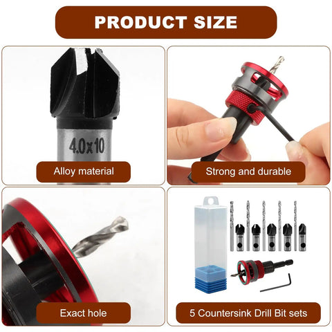 Badass Seven Piece Countersink Drill Bits Kit Featuring Four Flute HSS Tapered Heads And Adjustable Aluminum Depth Stop Collar For Sweet Softwood Cutting Plus Hex Shank Adapter And Rugged Carrying Case close-up of tapered drill bit and adjustable collar