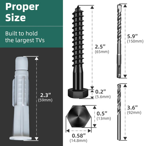 Dimensions of components from TV Wall Mount Screws Kit 23-Pack Heavy Duty M8x65mm Lag Bolts With Washers, Drywall Anchors, Drill Bits.