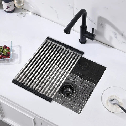 Built To Last 16 Gauge Black Stainless Steel Undermount Kitchen Bar Sink 20 By 17 By 9 Inches with rack and faucet