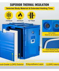Insulated Food Pan Carrier with Wheeled Front Load Design for Catering and Delivery, Blue finish showing vent and sealing ring details