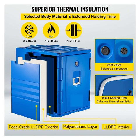 Insulated Food Pan Carrier with Wheeled Front Load Design for Catering and Delivery, Blue finish showing vent and sealing ring details
