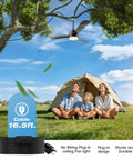 Plug In Ceiling Fan Light For Any Space, 28 Inch, No Wire Setup, Dimmable 3CCT LED, used outdoors near tent, cable visible