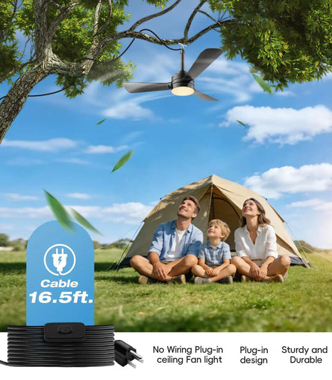 Plug In Ceiling Fan Light For Any Space, 28 Inch, No Wire Setup, Dimmable 3CCT LED, used outdoors near tent, cable visible