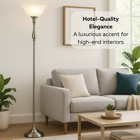 72 Inch Torchiere Floor Lamp With Brushed Nickel Finish And White Alabaster Glass Shade for living room next to a gray sofa.