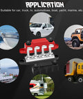 Rock Solid 400A Battery Bus Bar 12V Marine Power Distribution Block Automotive Terminal Block With 5 16 Inch Posts red and black view with applications in various vehicles.