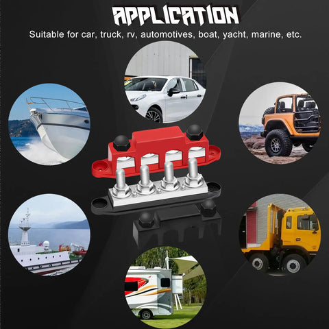 Rock Solid 400A Battery Bus Bar 12V Marine Power Distribution Block Automotive Terminal Block With 5 16 Inch Posts red and black view with applications in various vehicles.