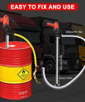 Big Iron 110V Electric Liquid Transfer Pump For Oil Diesel And Water With Stainless Steel Hose W 1980W Motor High Flow Rate Utility Workhorse setup on a red barrel.