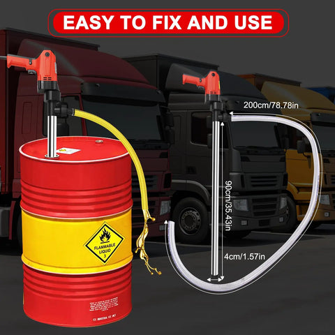 Big Iron 110V Electric Liquid Transfer Pump For Oil Diesel And Water With Stainless Steel Hose W 1980W Motor High Flow Rate Utility Workhorse setup on a red barrel.