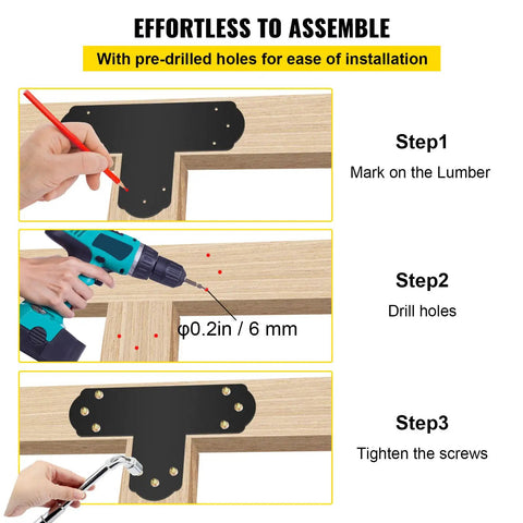 Step-by-step installation of Heavy Duty 6x6 T Bracket Set Eight Black Powder Coated 16 Gauge Steel T Mending Plates With Screws.