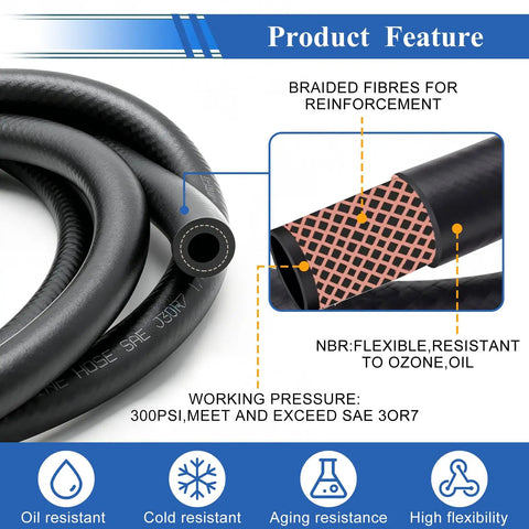 Must Have 25 Piece Fuel Line Hose Kit With 3.3 Foot Lengths And Five Inner Diameters Three Eighths Inch One Half Inch Five Sixteenths Inch One Quarter Inch Three Sixteenths Inch NBR Rubber Hoses With Clamps For Small Engines And Automotive Replacement showing braided fibre and NBR features, oil and cold resistant