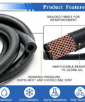 55 Piece Heavy Duty Fuel Line Hose Kit With Clamps For Lawn Mowers And Small Engines Includes 10 Ft NBR Rubber Tubing In 3/8 Inch 5/16 Inch Sizes To Keep Your Ride Running Smoothly Without Leaks Or Hassles Now. black NBR hose with braided reinforcement, 300 PSI