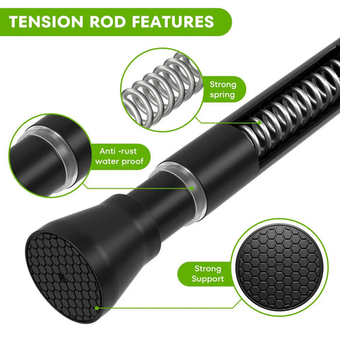 Adjustable Tension Curtain Rods 28 To 48 Inches No Drill Install Black Expandable Spring Rod showcasing features like strong spring.