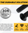 Premium Heavy Duty Size 10-24 Black Button Head Hex Socket Cap Screws 100 Pack Includes 1/8 Inch Allen Wrench Smooth Finish 304 Stainless Steel close-up showing rust-resistant features and black finish.