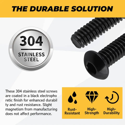 Premium Heavy Duty Size 10-24 Black Button Head Hex Socket Cap Screws 100 Pack Includes 1/8 Inch Allen Wrench Smooth Finish 304 Stainless Steel close-up showing rust-resistant features and black finish.