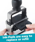 Heavy Duty Self Inking Date Stamp with Snap Cover, showing easy ink pad replacement for daily office use.