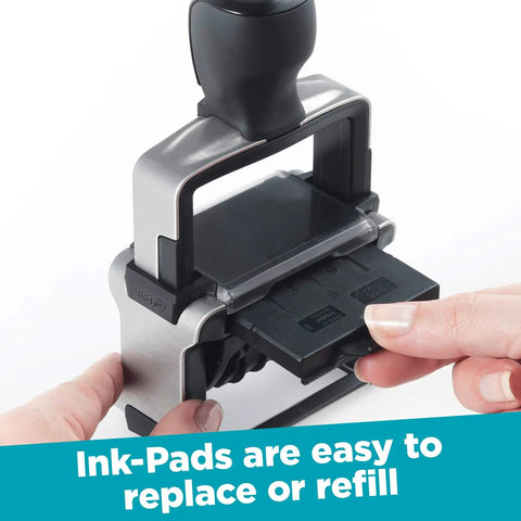 Heavy Duty Self Inking Date Stamp with Snap Cover, showing easy ink pad replacement for daily office use.