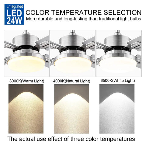 Ceiling Fan With Lights And Remote No Fuss Install For Bedroom In Industrial Minimalist Style With 5 Blades And Brushed Nickel Housing Reversible Silver And White Dual Color Blades For Modern Comfort showing color temperature options.