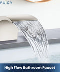 Eight Inch Widespread Tub Filler Faucet With Waterfall Spout Dual Handles High Flow Bath Mixer in action, brushed nickel
