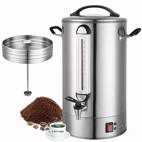 120 Cup Commercial Coffee Urn For Catering And Events, 20L Stainless Steel Percolator With 1300W Quick Brew, One Touch Brewing, with coffee grounds and interior parts