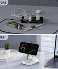 Before and After scene with Travel Ready MagSafe 3 In 1 Wireless Charging Station For iPhone 12 13 14 15 16 17 Pro Max Apple Watch And AirPods Magnetic Stand With Light Fast Two Point Five Hour Charging Easy Vertical Or Horizontal Use Gift For Wife And Husband White, reducing cable clutter on desk.
