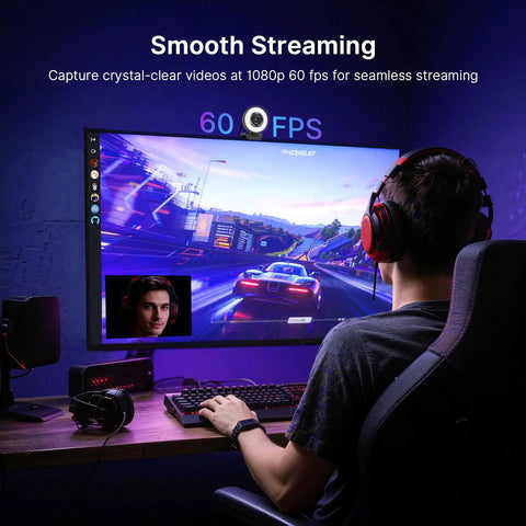 Crush Your Setup With This Top Tier 4K Webcam Featuring A Bright Ring Light Smart Autofocus And Clean 1080p 60 Frames Per Second Video dual noise canceling mics in use for streaming.