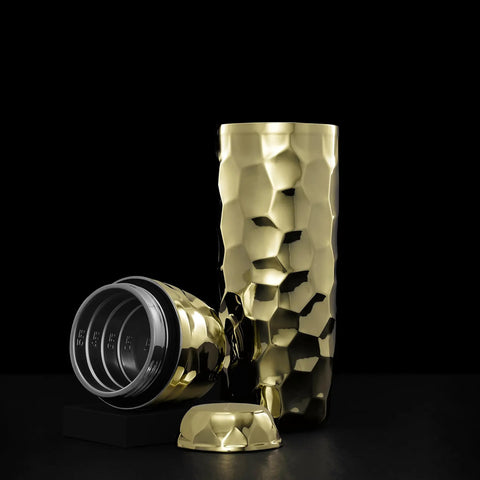 Vibes On Point 25 Oz Gold Vacuum Insulated Cocktail Shaker With Jigger And Strainer Featuring Dr Dre Snoop Dogg Collab double wall stainless steel with black base.
