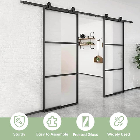 Two 36 Inch By 84 Inch Frosted Glass Barn Door Panels With Top Mounted Hardware And Soft Close Kit 72 Inch By 84 Inch Interior Sliding Glass Door In Black Carbon Steel Frame Dope Sleek Look installed view