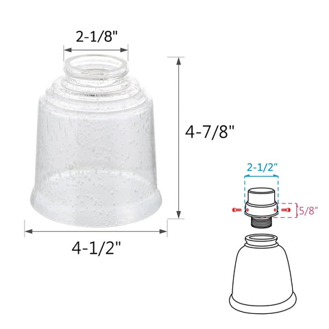 Clear Seeded Glass Ceiling Fan Shade Set Of Four Transitional Bell Style Two One Eighth Inch Fitter Four And A Half Inch Diameter Four And Seven Eighths Inch Height Easy Install With Your Existing Screws Not Included, showing dimensions and bell shape with diagram.