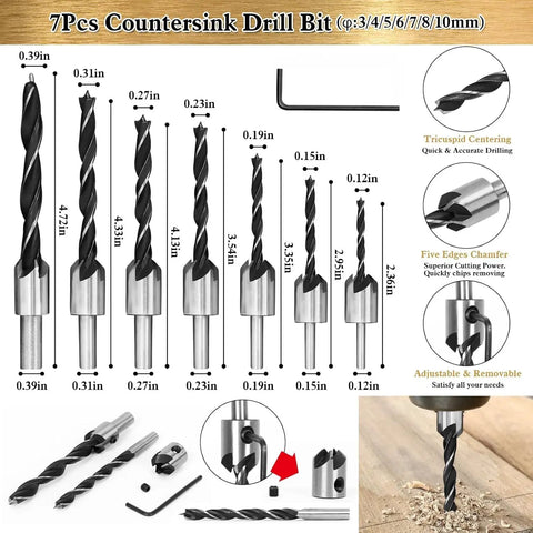 7-piece drill bit set from 26 Piece DIY Woodworking Tools Set With Countersink Bits Plug Cutters Step Bits One Quarter Inch Hex Shank