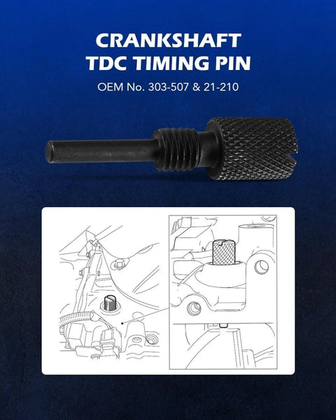 Pro Grade Must Have Camshaft Alignment Tools 3 Piece Cam Timing Belt Tool Set For Ford Mazda MZR Duratec Engines With Timing Pegs For 1994 2012 Contour Focus Escape Explorer Edge Cougar And More shown with crankshaft TDC timing pin and diagrams.