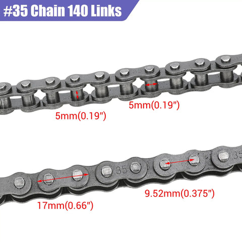 Close-up of #35 Chain 140 Links with dimensions, compatible with 35 Chain Rear Sprocket 40 Tooth for mini bikes.