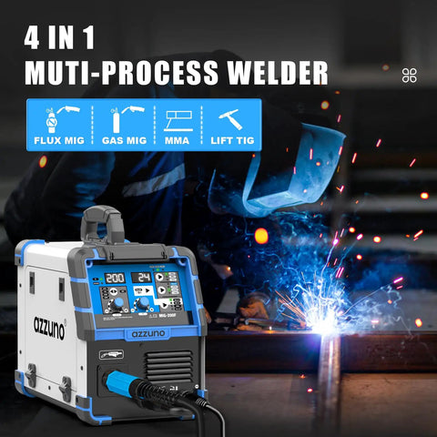 4 In 1 Flux MIG TIG Stick Welder Dual Voltage 110V 220V Gas Gasless Welding Machine with sparks in background