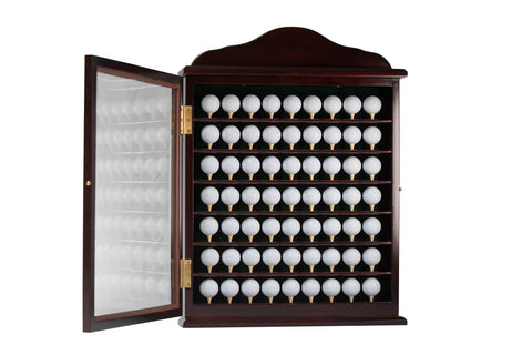 63 Golf Ball Display Case With Door Wall Mount Cabinet In Mahogany Wood Holds Up To 63 Balls open showing golf balls inside