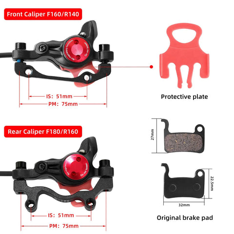 Zoom Hb875E Ebike Hydraulic Disc Brake Upgrade Kit With 160mm Rotors And Pre-Bled Mineral Oil Dual Piston Calipers, front and rear calipers with dimensions.