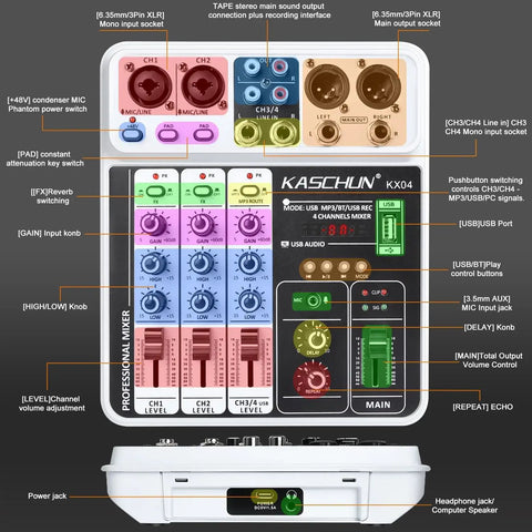 Top view of 4 Channel DJ Mixer With Bluetooth And USB MP3 Input 48V Phantom Power For Karaoke Podcasts Live Streaming And Home Recording Boss Studio Grade Sound For Guitar Bass And Keyboard showing controls and ports.